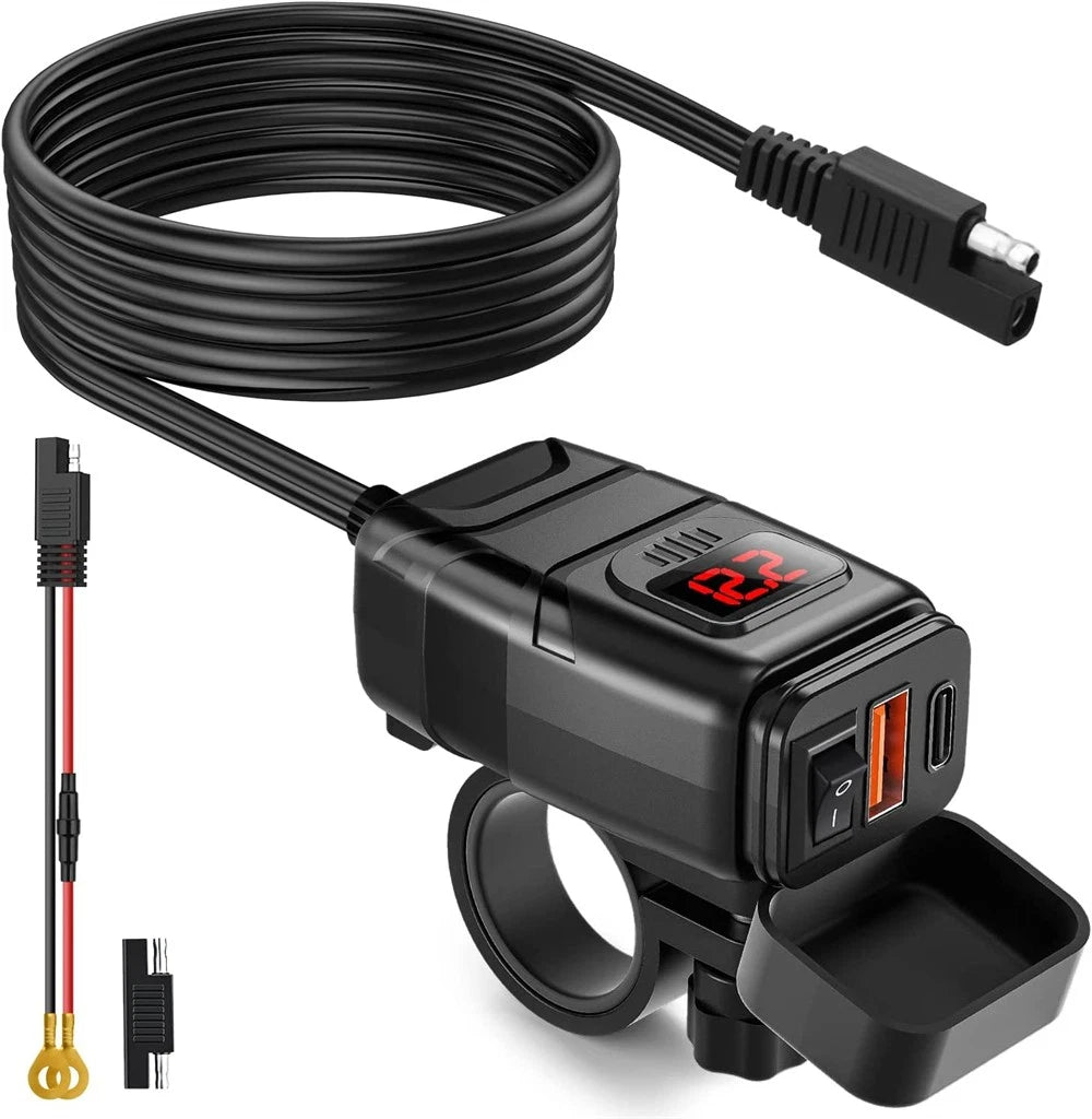 QC 3.0 Motorcycle Dual USB Phone GPS Fast Charger Adapter w/ Red LED Voltmeter