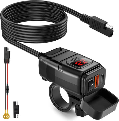 QC 3.0 Motorcycle Dual USB Phone GPS Fast Charger Adapter w/ Red LED Voltmeter