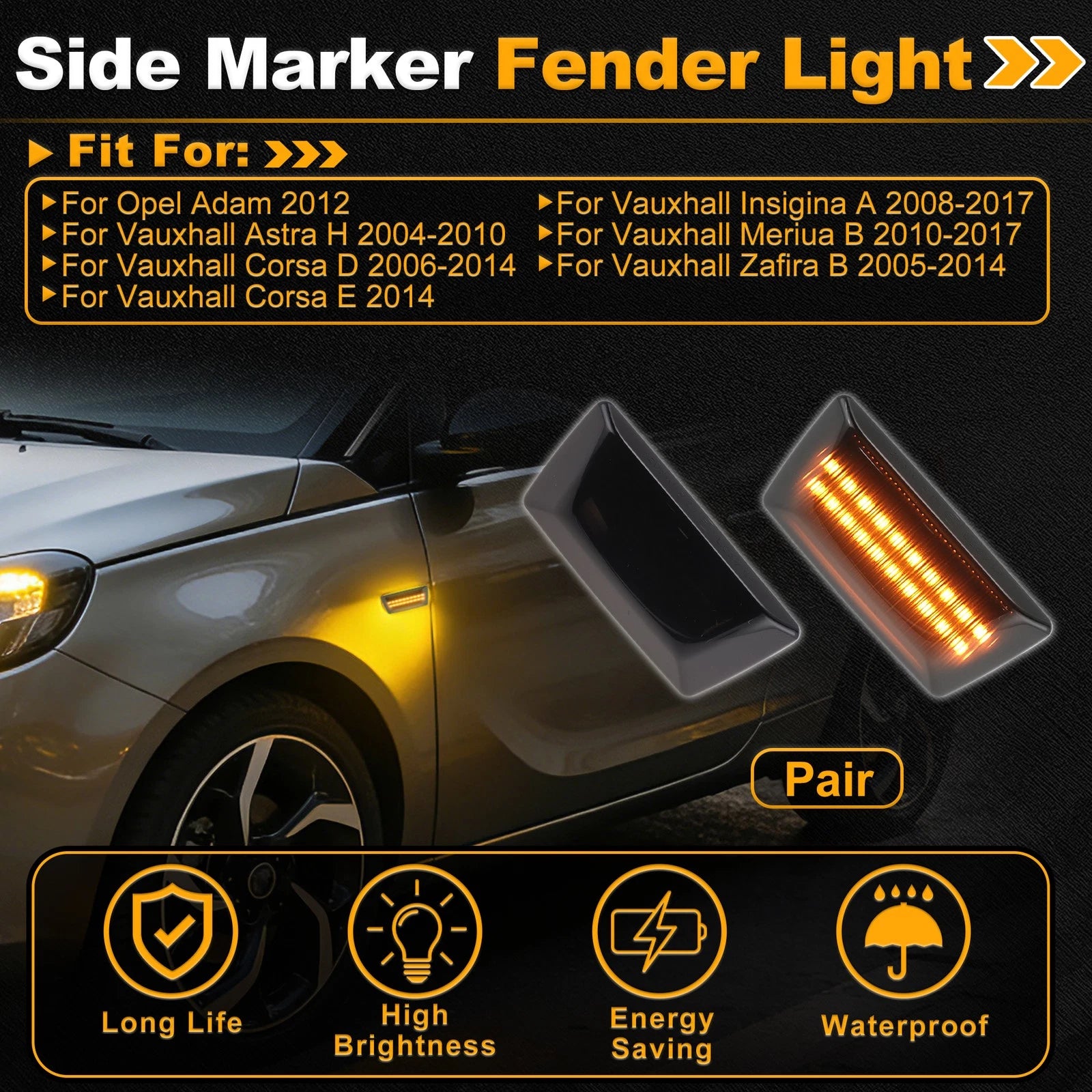 Dynamic Amber LED Side Marker Fender Light for Opel Adam (2012) 1 Pair