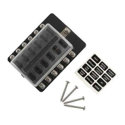 12-Pole LED Fuse Box for 12V 32V Vehicle Systems (Car, Boat, RV, Van)