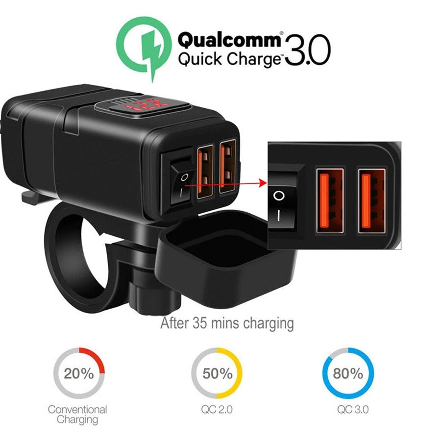 Dual USB Motorcycle Handlebar Charger QC3.0 Fast Charging DC 12V With Voltmeter