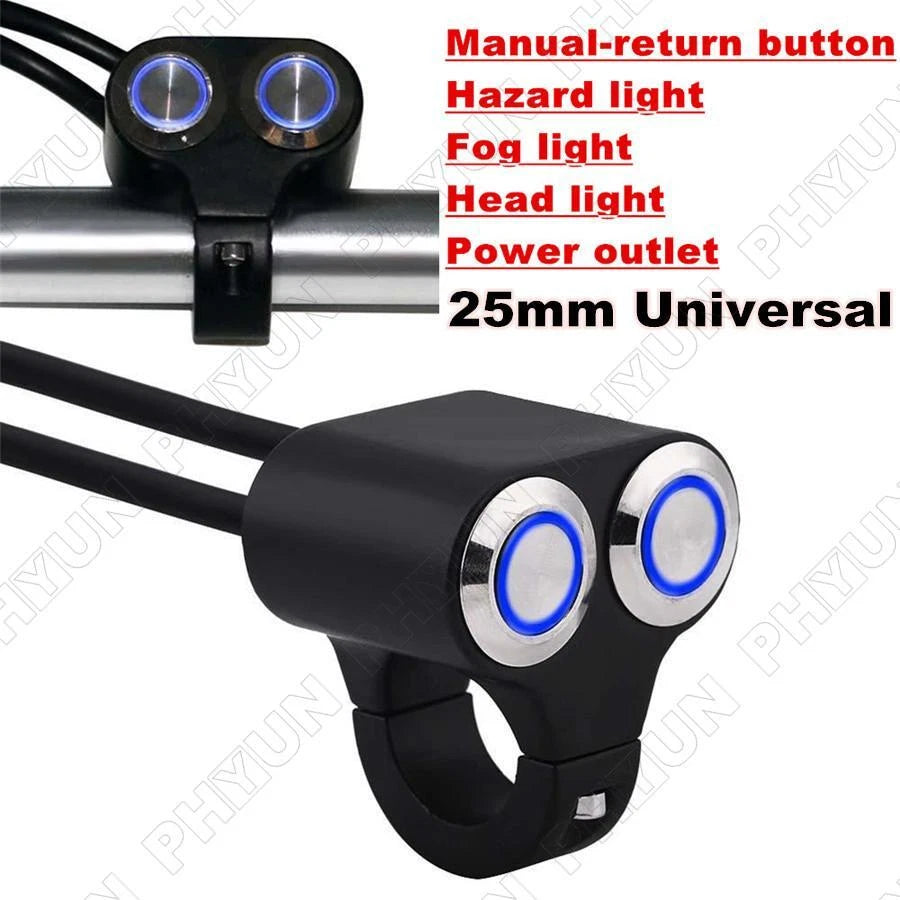 1" 25mm Motorcycle Handlebar Switch Headlight Hazard Fog Light ON/OFF Blue LED