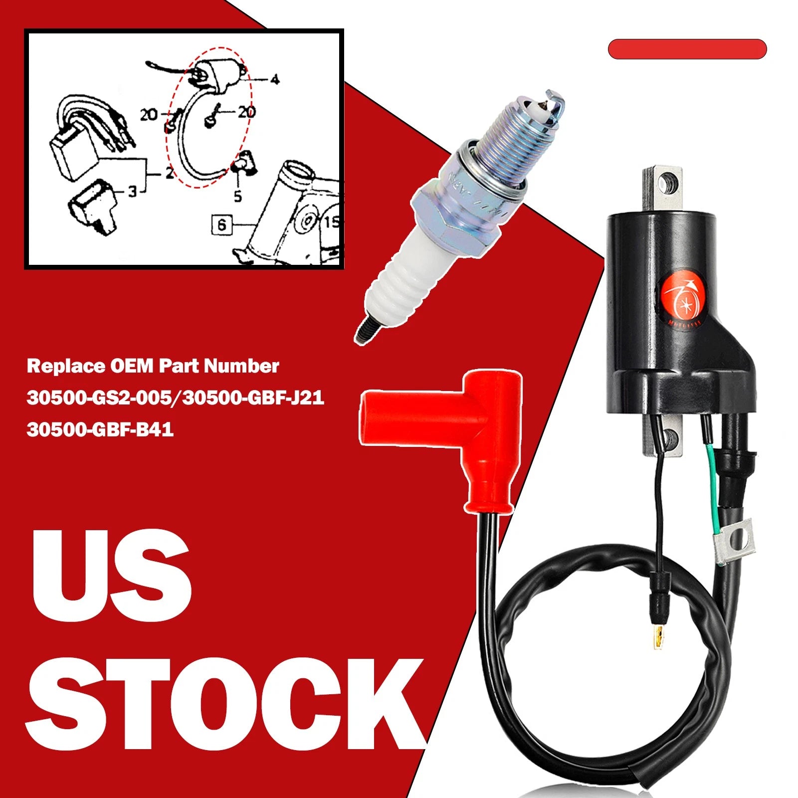 Ignition Coil Spark Plug for Honda CR80R CR80RB CR85R CR85RB (1987–2007) 30500-GS2-005
