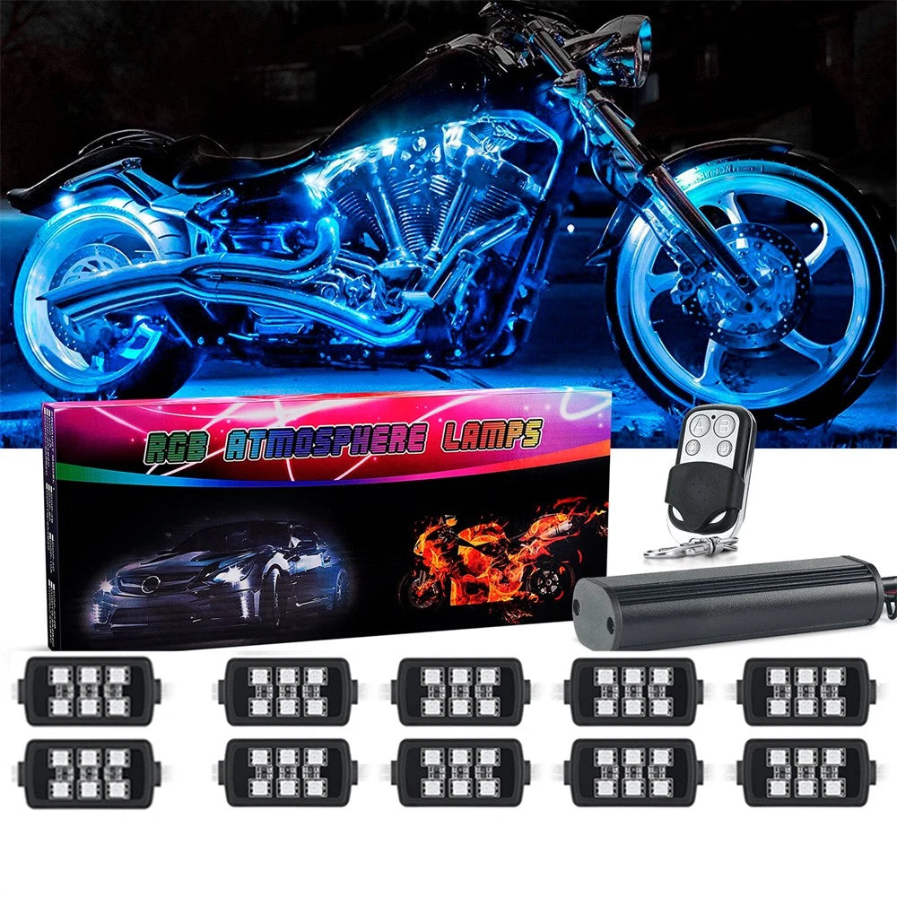 10X Multi-Color RGB Motorcycle Underglow LED Accent Light Kit
