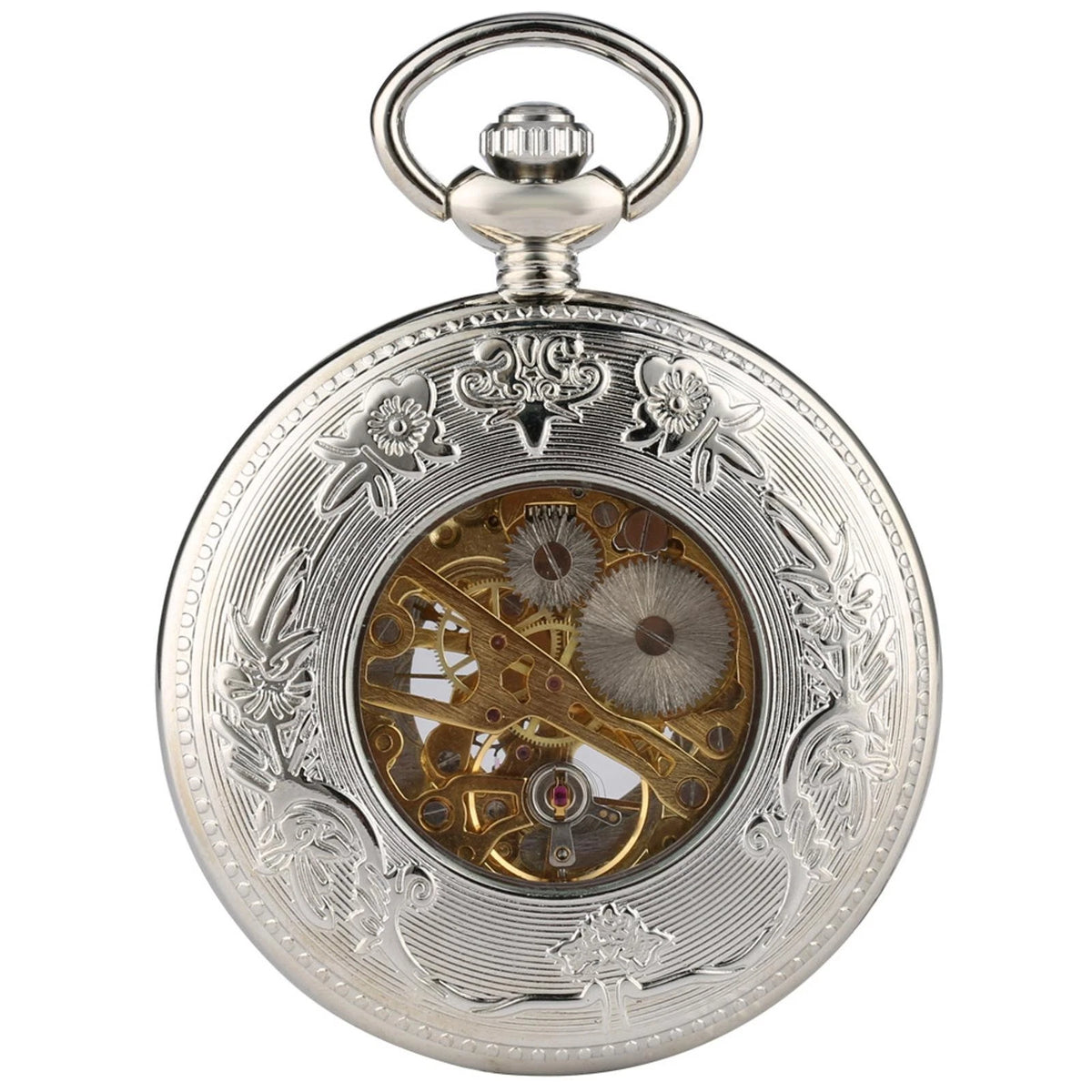 Silver Pocket Watch with Chain Hand-winding Mechanical Movement