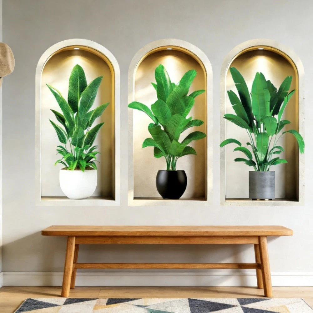 3PCS 3D Wall Art Stickers Green Potted Plants for Home Kitchen Hallway