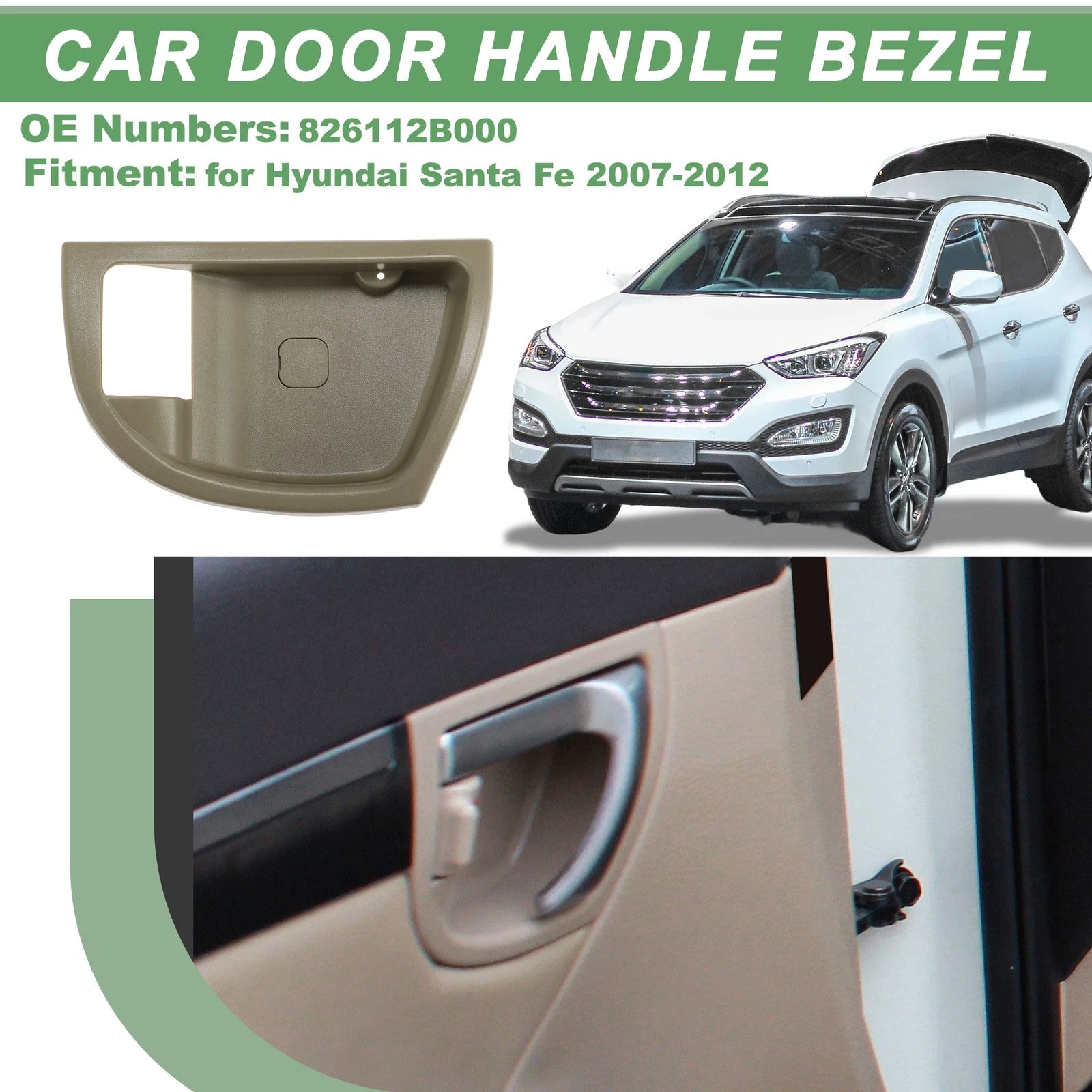 Front Left Interior Door Handle Trim Bezel Replacement for Hyundai Santa Fe (2007–2012) Beige