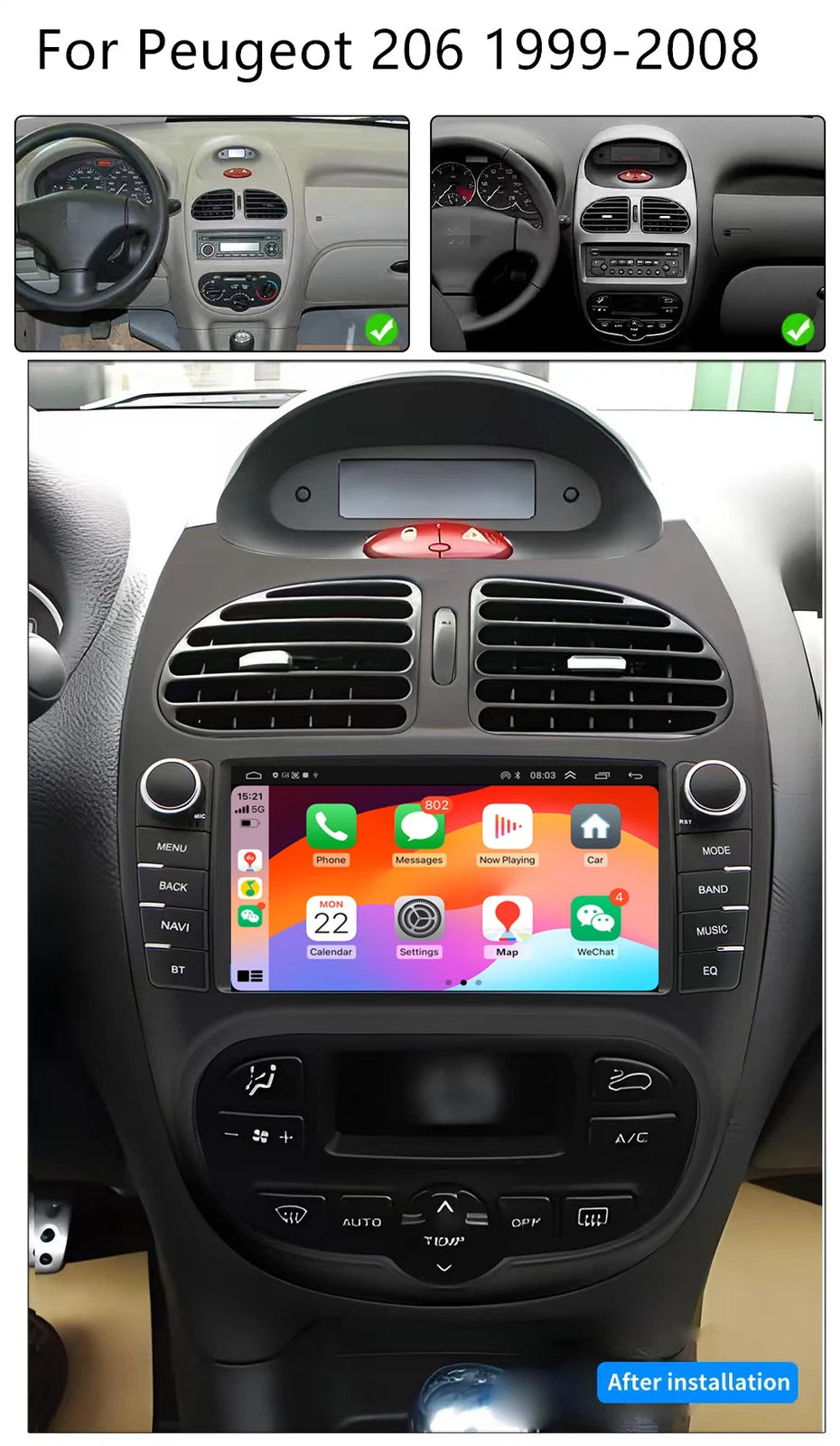 7'' Android Car Stereo GPS Navigation for Peugeot 206 (1999–2008)