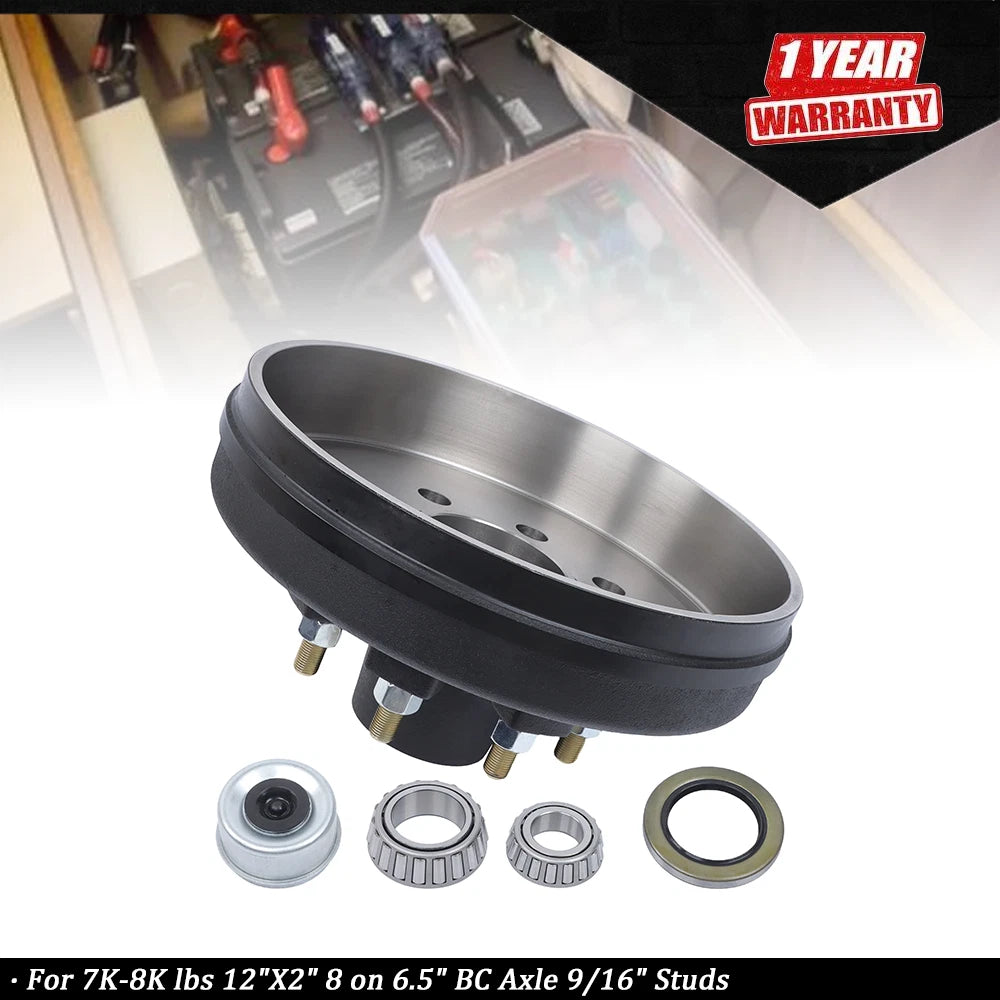2X 12" HD Trailer Brake Hub Drum Kit 8 on 6.5" for 7K-8K Axle 9/16" Studs