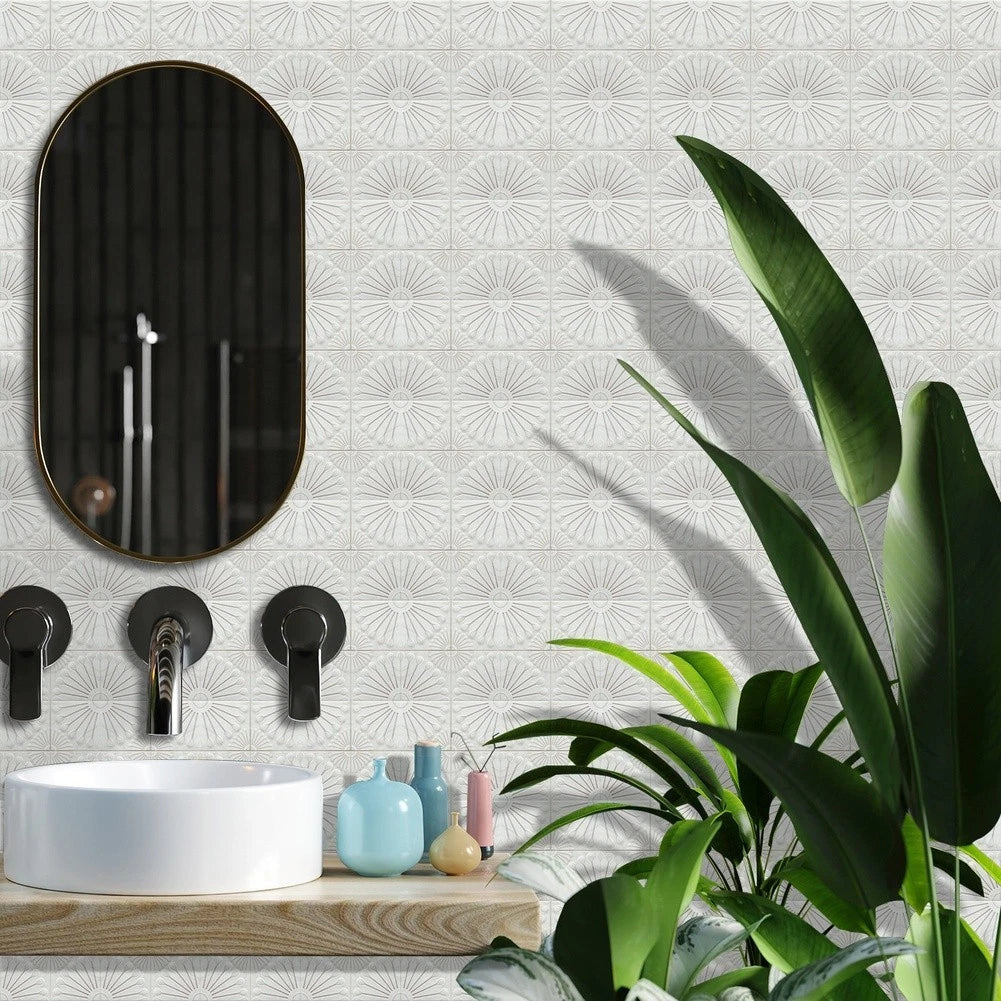 Waterproof Beige Floral Wall Decals PVC Embossed Tile Self 30x30cm