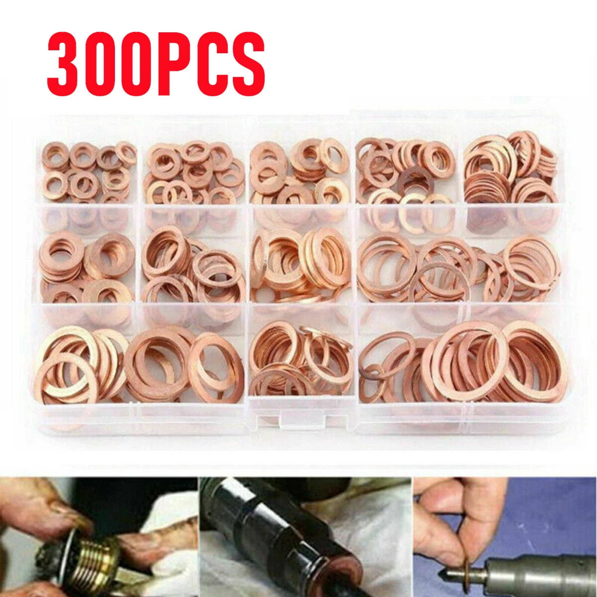 300Pcs Solid Copper Washers for Automotive Engine (Assorted Sizes)