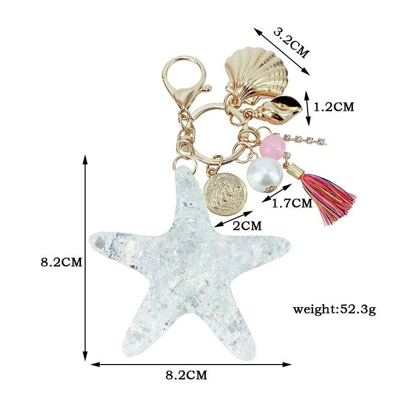 Seashell Charm Keychain for Universal Use (Pink, Beads, Acrylic Starfish)
