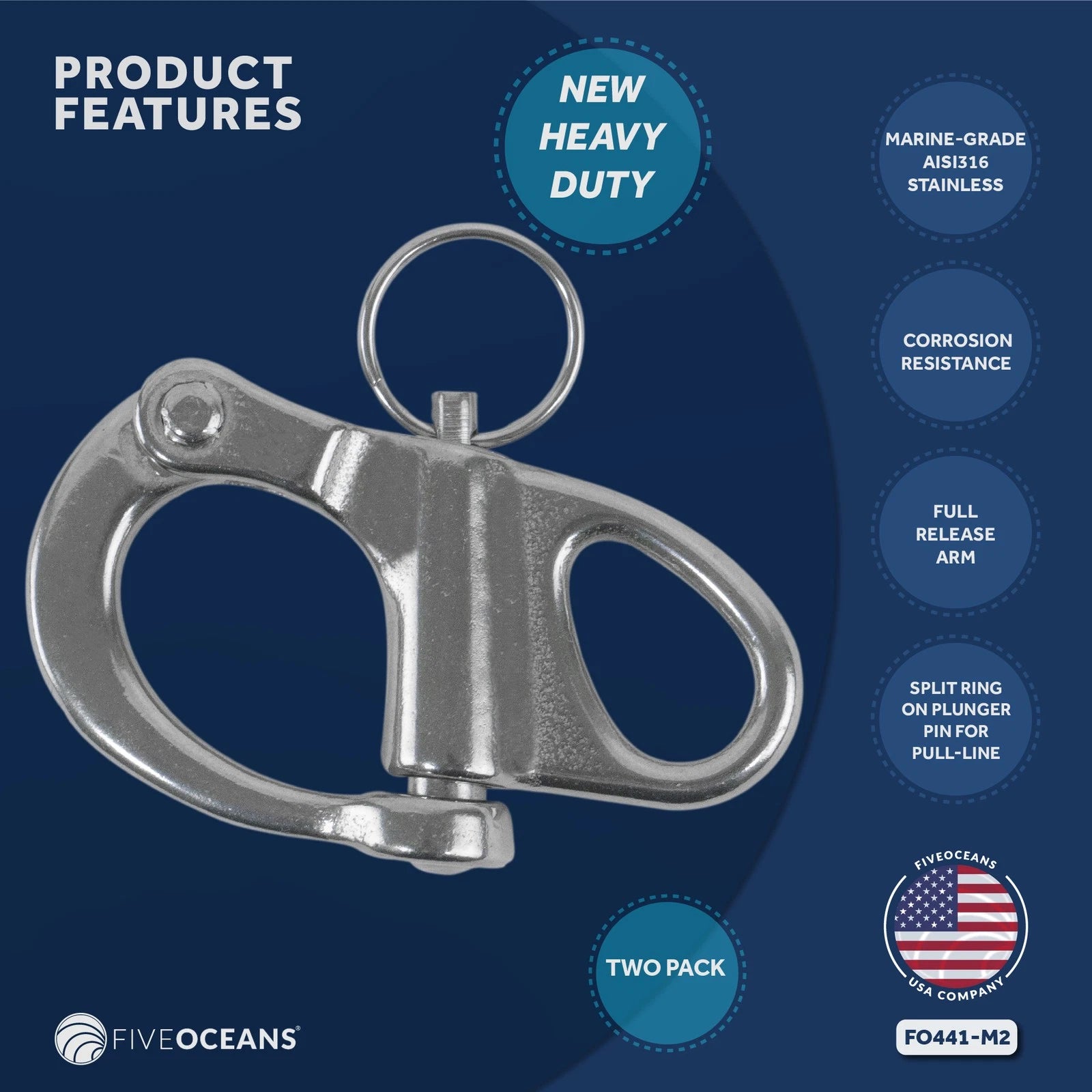 2-Pack Fixed Bail Snap Shackles for Five Oceans Marine FO441-M2