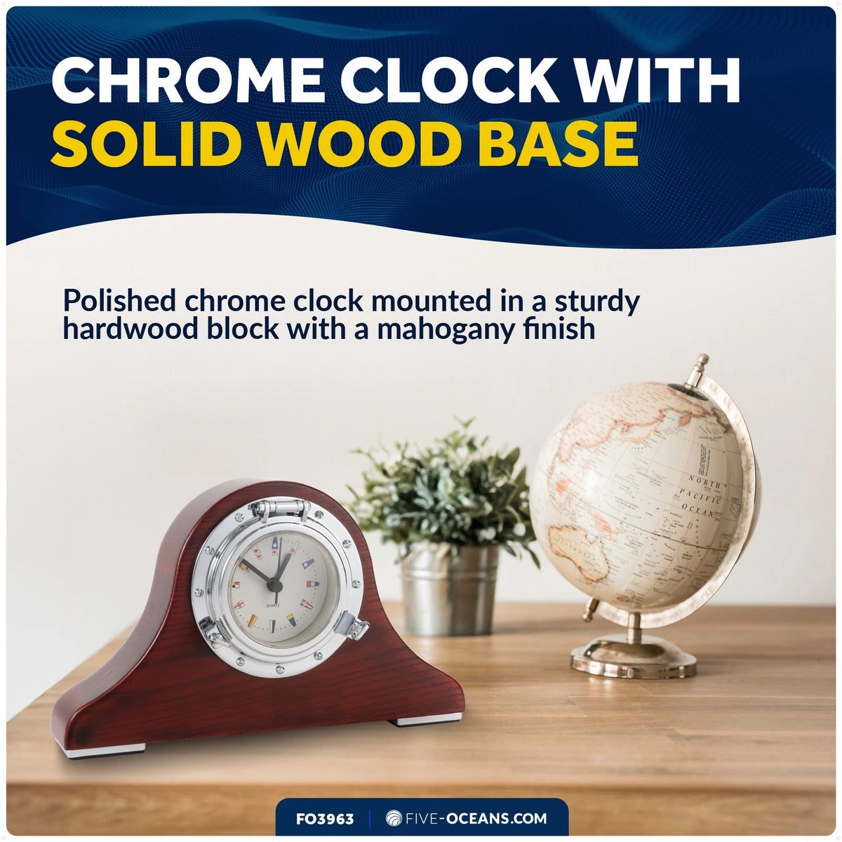 Porthole Collection Nautical Tambour Clock for Desk (Mahogany Finish)