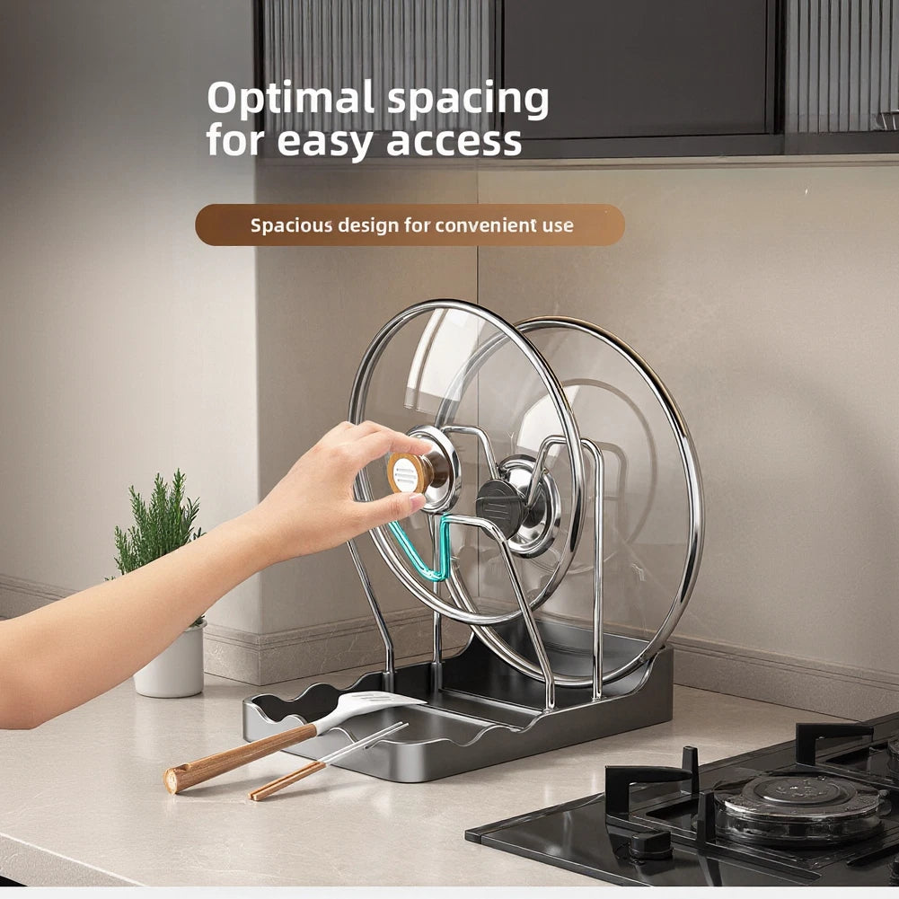 Countertop Rack for Pot Lids with Spoon Rest and Drip Tray