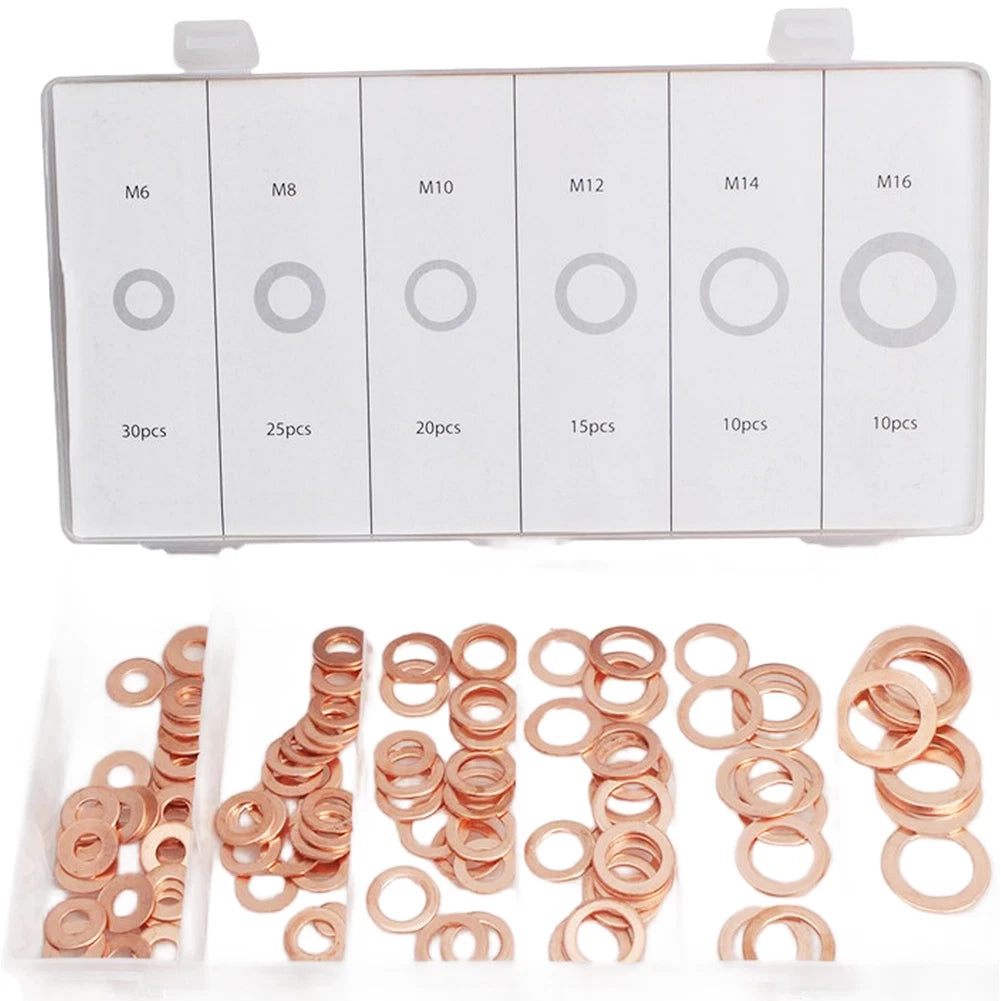 Copper Flat Washer Gasket Seal Kit Set 110 Pieces with Plastic Storage Box