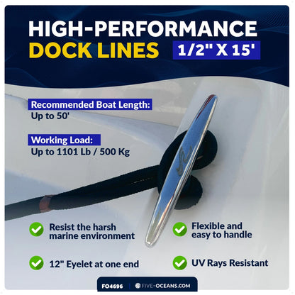 Set of 4 Dock Lines 1/2"x15' with 12" Eyelet - Navy Blue Nylon