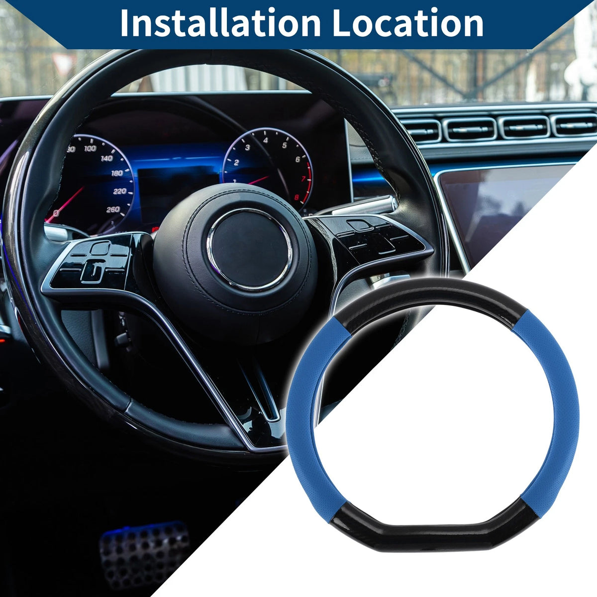 Steering Wheel Cover for Universal Fit (14.96") Black Blue 1 Pc