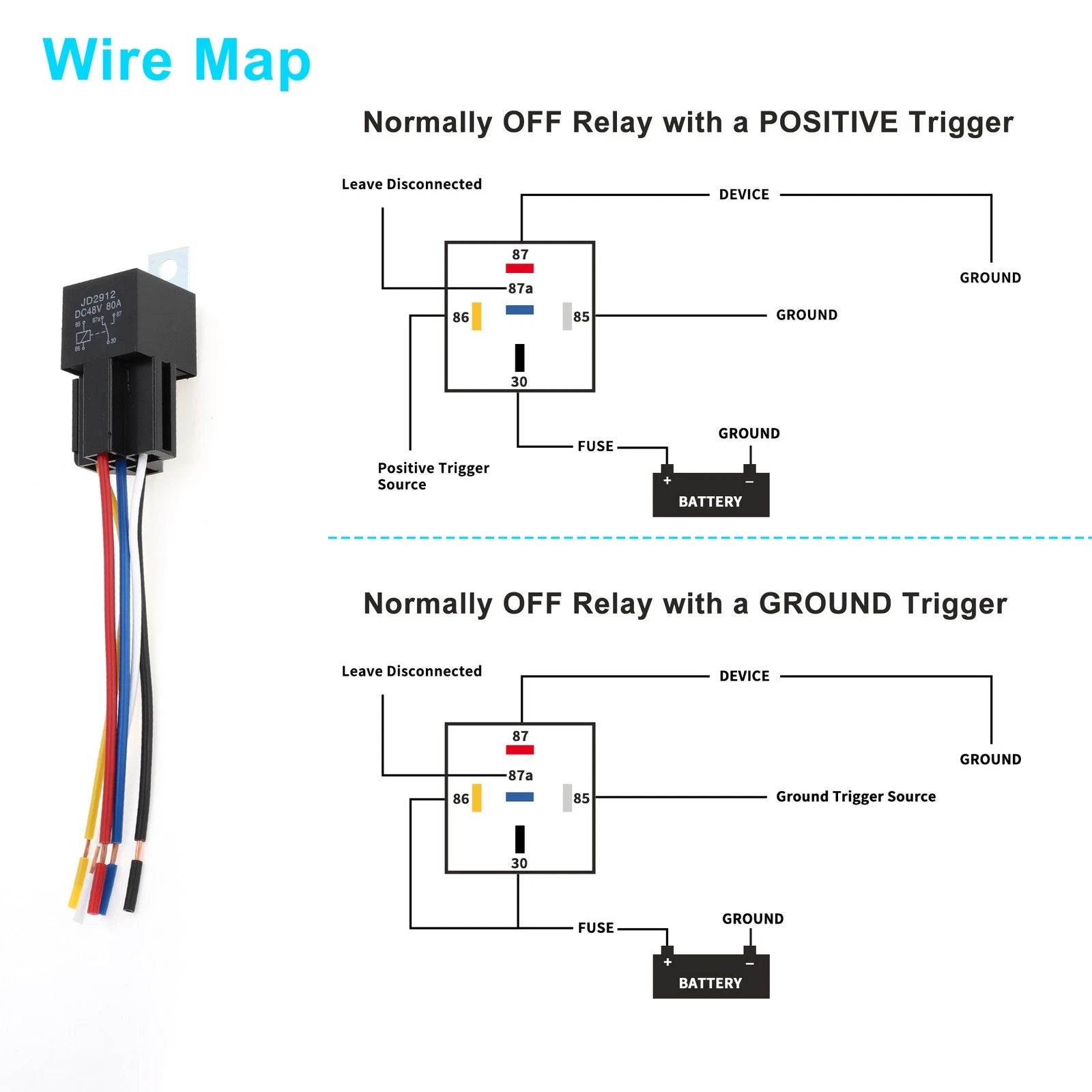 2X 5-Pin Auto Relay 48V 80A with Harness Sockets for Universal Applications