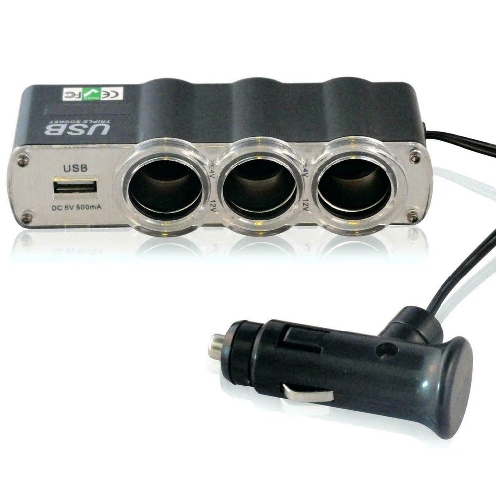 12V Car Power Splitter with Triple Socket and USB Output for Compact Vehicles