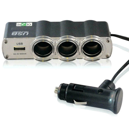 12V Car Power Splitter with Triple Socket and USB Output for Compact Vehicles