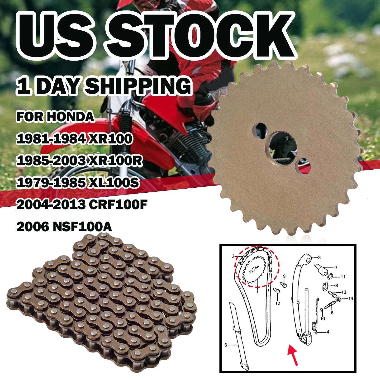 Camshaft Sprocket 30T & Timing Chain 90L for Honda XR100 XR100R (1996–2003)