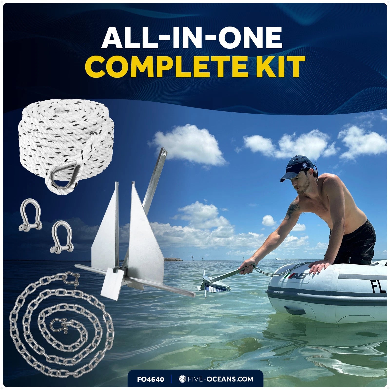 Boat Anchor Kit with 1/4" x 6' Chain & 3/8" x 100' Rope