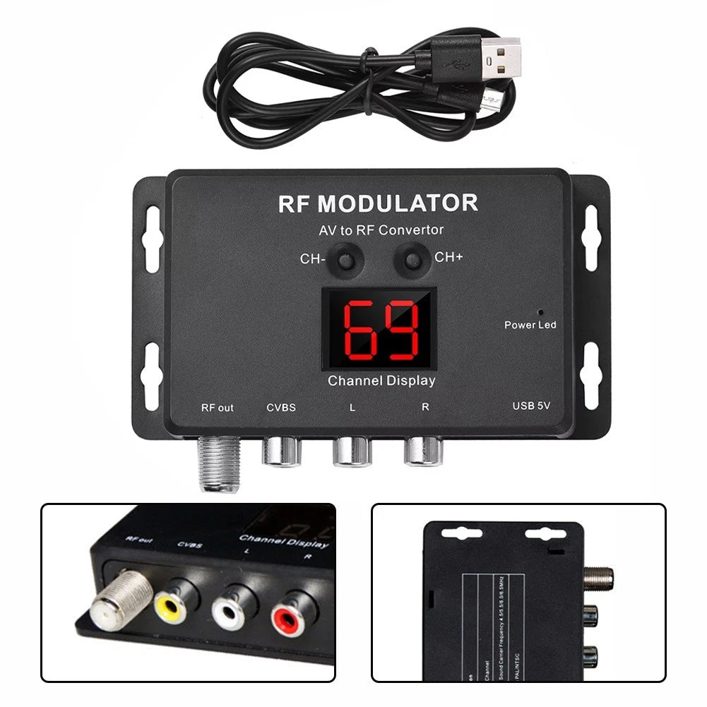 M60 RF Modulator for Home TV (Configurable NTSC, USB Powered)