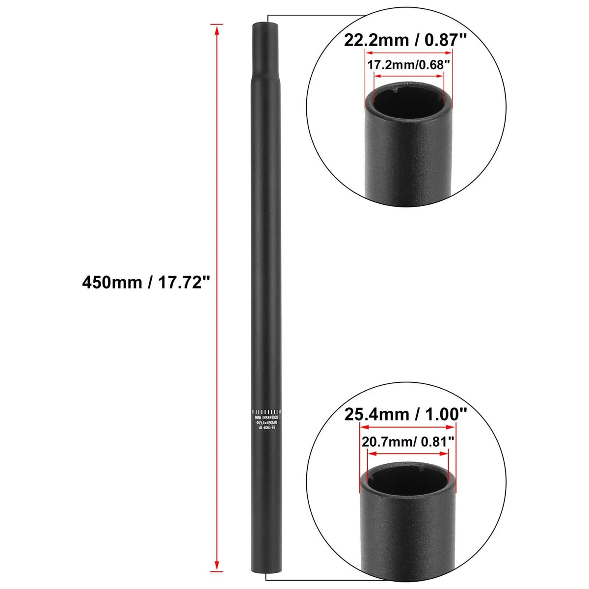Bicycle Seat Post Aluminum Alloy Replacement for 25.4x450mm Seat Tube Black