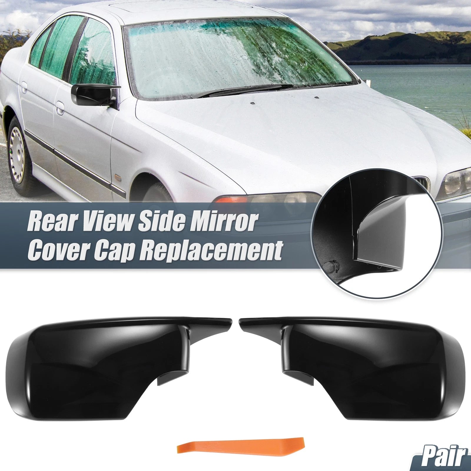 Rearview Mirror Cover Cap Gloss Black Replacement for BMW E39 E46 (1998–2005)