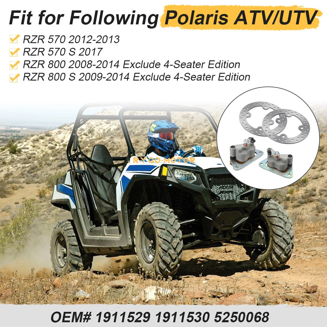 Front Left/Right Brake Caliper & Disc Rotor for Polaris RZR 800 EFI (2008–2014)