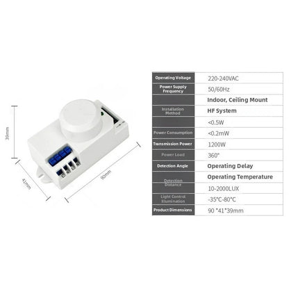 5GHz Microwave Motion Sensor Switch with Adjustable Delay and 360 Detection