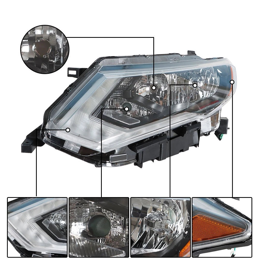 Projector Halogen Headlights for Nissan Rogue (2017–2019) RH & LH Side Chrome