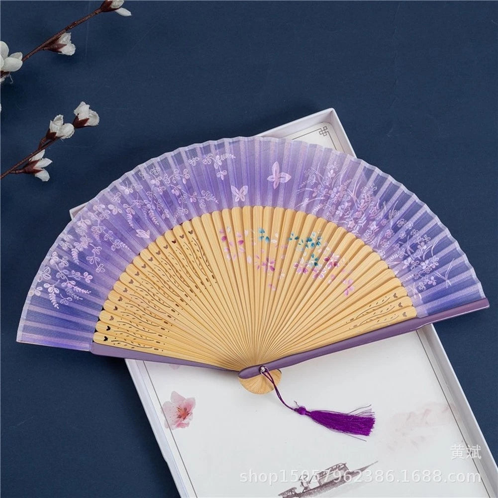 Vintage-Inspired Folding Fan 21cm Painted Edge Faux Silk Openwork Detail