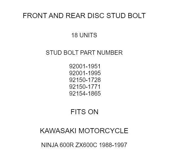 Disc Stud Bolt Front Rear Replacement for Kawasaki Ninja 600R ZX600C (1988–1997)
