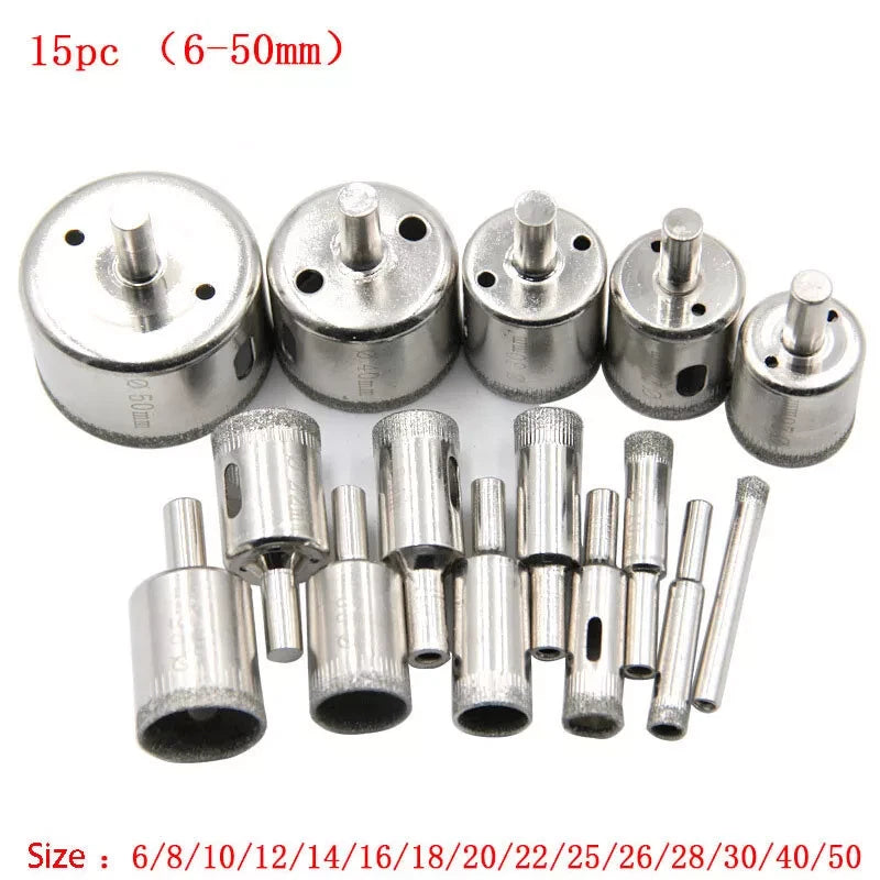 15pcs Diamond Hole Saw Set for Glass Tile Granite Marble Core Drill Bit