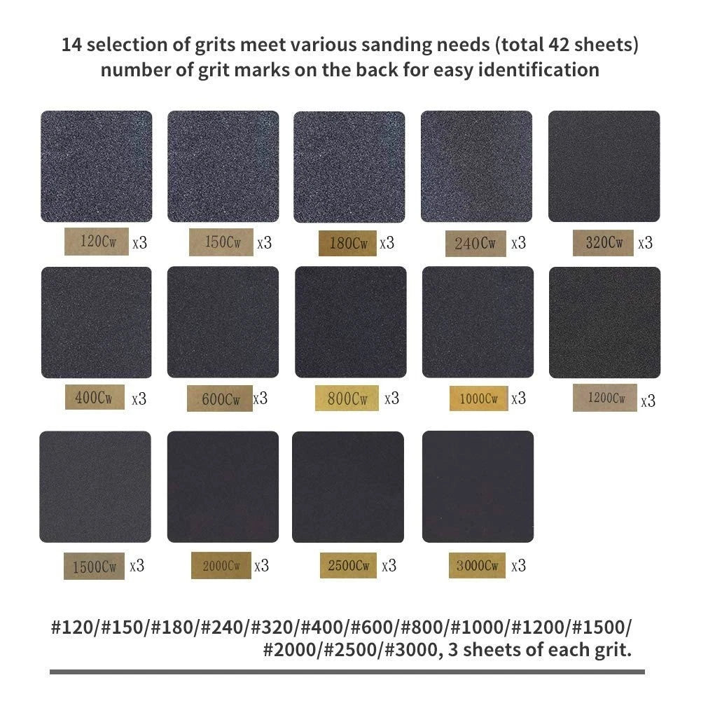 42 Sheet Silicon Carbide Sandpaper 230x93mm Wet Dry Grit 120-3000