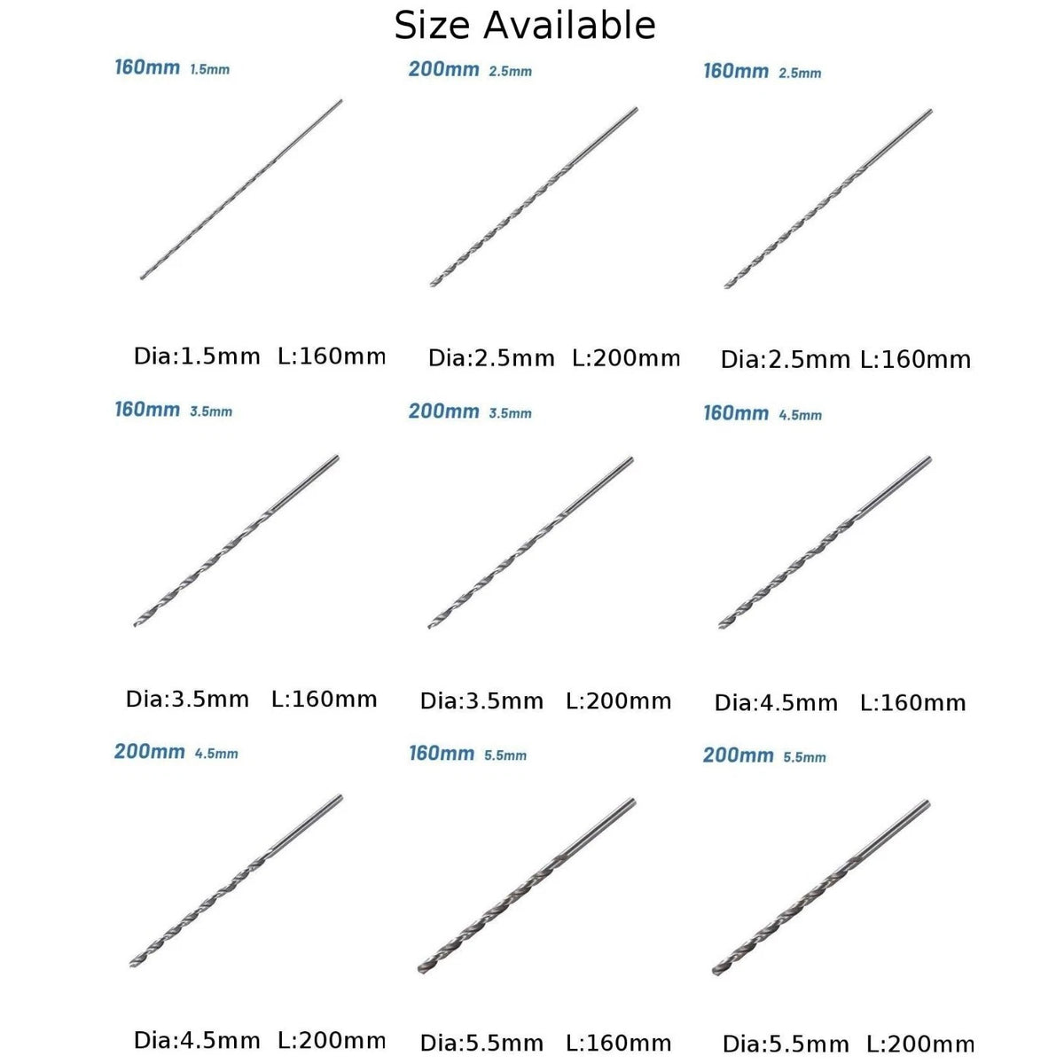 Extra Long HSS Drill Bit Set for Plastic Wood (1.5/2.5/3.5/4.5/5.5mm)