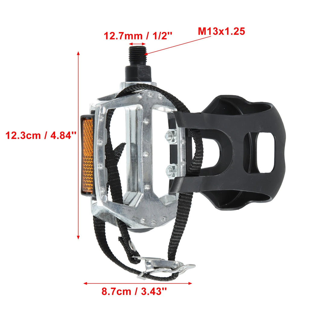 Bicycle Pedals Pair 1/2 Inch with Toe Clips and Straps for Universal Use (All Years)