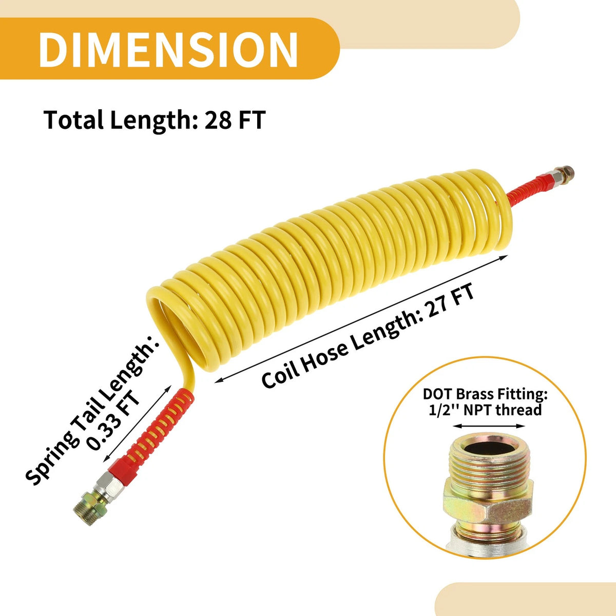 28 FT Air Brake Hose for Coiled Short Tail Line (Universal)