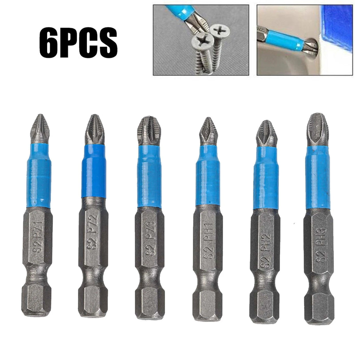 Set of 6 Magnetic Hex Shank Anti-slip 50mm Screwdriver Drill Bits