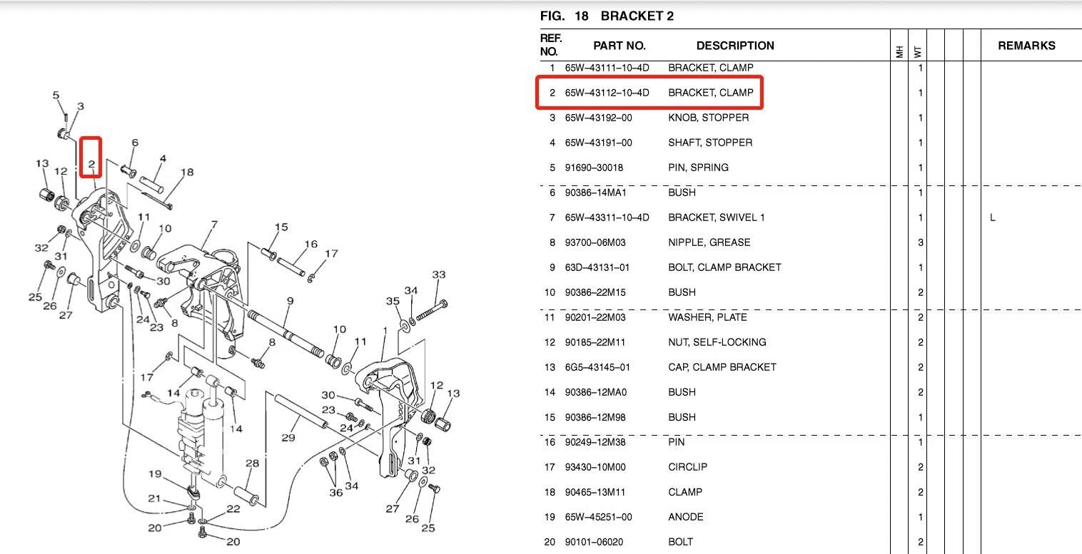Bracket Clamp Set of 2 for Yamaha Outboard Motor 2T 40HP 4T F25 (65W-43111, 65W-43112)