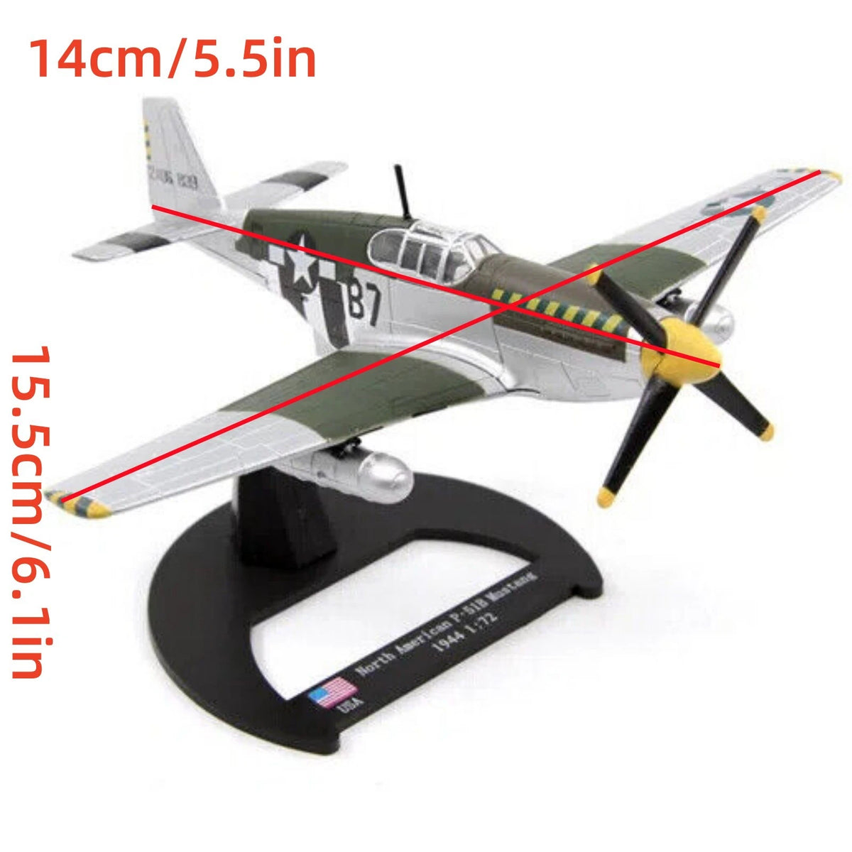 P-51B Mustang Fighter Model 1/72 Diecast with Stand (WWII)