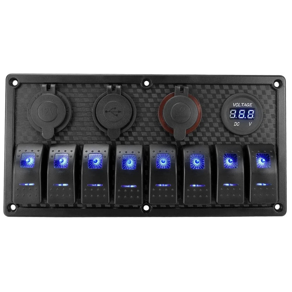8 Gang Rocker Switch Panel with Digital Voltmeter & USB Charger for Vehicles