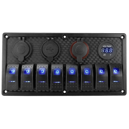 8 Gang Rocker Switch Panel with Digital Voltmeter & USB Charger for Vehicles