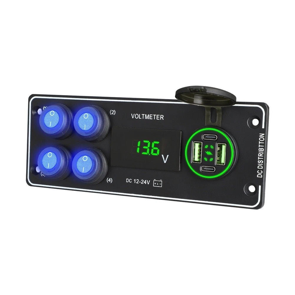 4 Position Switch Panel for Car RV Marine (12V 24V) w Fast Charger & Voltmeter
