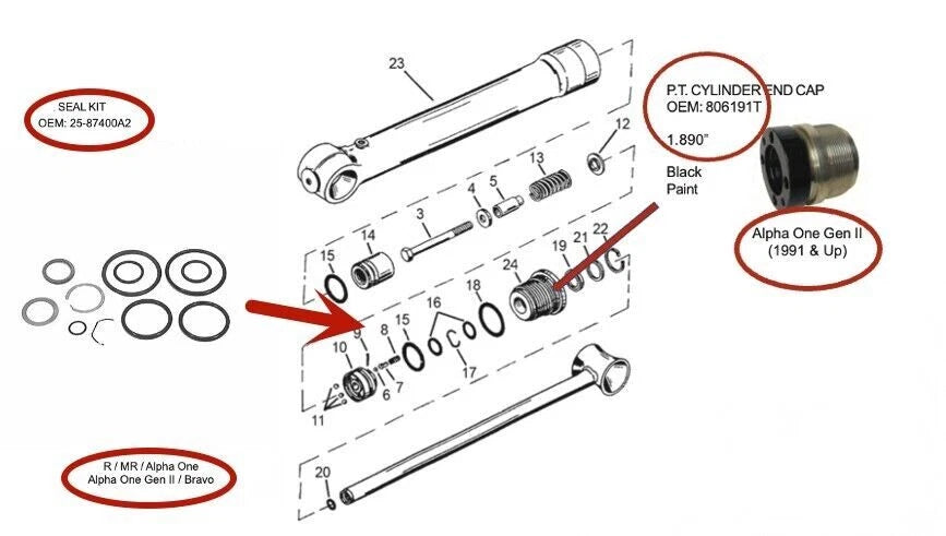 New R/MR/Alpha I, Gen II, Bravo End Cap, Trim Cyl w/Seals 806191T+25-87400A2