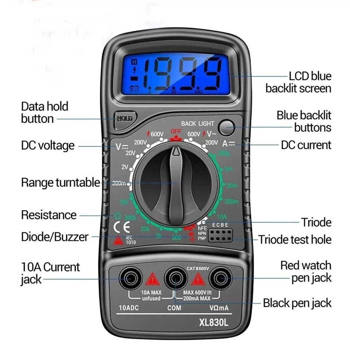 Digital Multimeter Voltmeter Ammeter Ohmmeter Tester with Leads