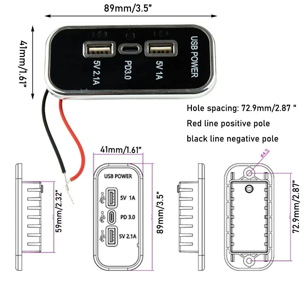 3 Ports PD Type-C USB Charger Socket for Car Boat ATV RV