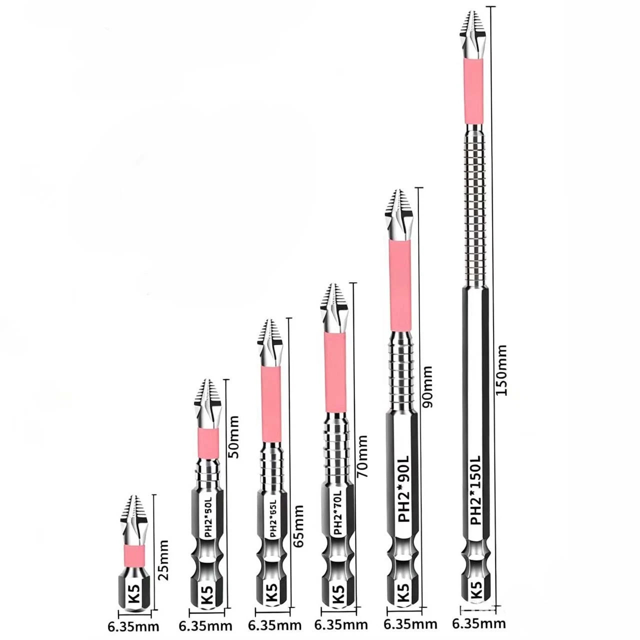 Set of 6 PH2 Magnetic Screwdriver Bits for (25mm–150mm)
